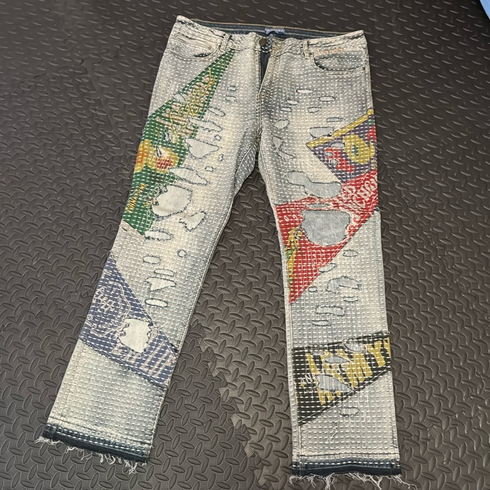 LIFTED ANCHORS JEANS blue 40 x 30. Embroidered,Bling, Hip Hop stylish Rip Torn